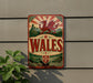 A vintage-style metal sign with a red dragon and the word "Wales" prominently displayed, mounted on a wall.