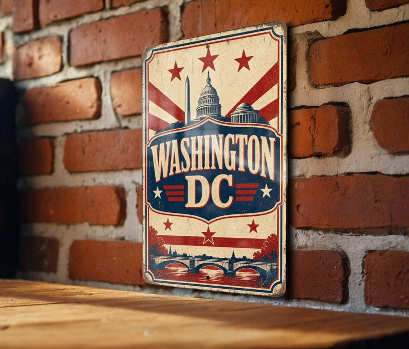 A vintage-style metal sign with the text "WASHINGTON DC" displayed prominently, featuring a brick wall and a bridge in the background.