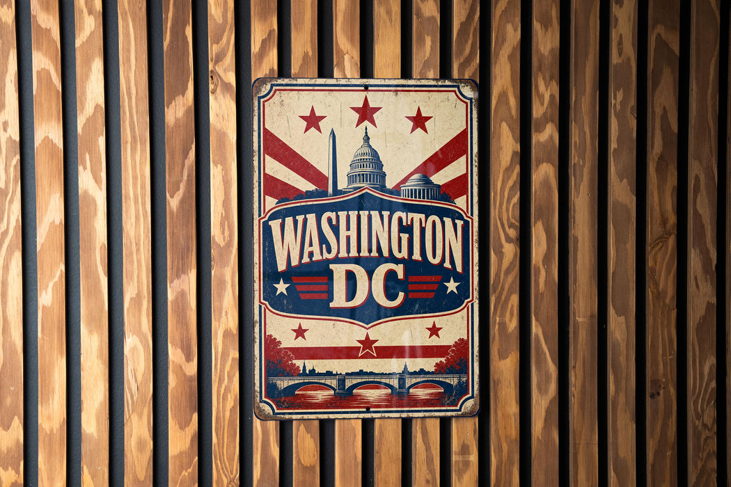 A vintage-style metal sign with the text "WASHINGTON DC" prominently displayed, featuring a stylized depiction of the United States Capitol building and stars.