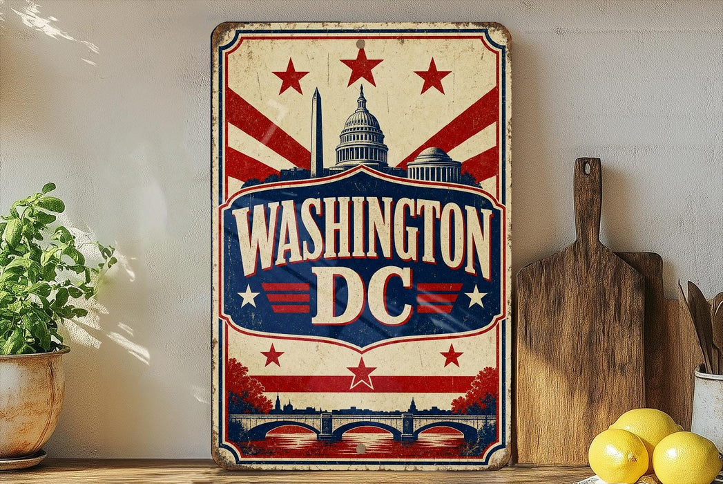 A vintage-style metal sign with the text "WASHINGTON DC" prominently displayed, featuring a stylized depiction of the Washington Monument and other iconic landmarks. The sign is placed on a wooden surface, with a potted plant, a cutting board, and some lemons nearby.