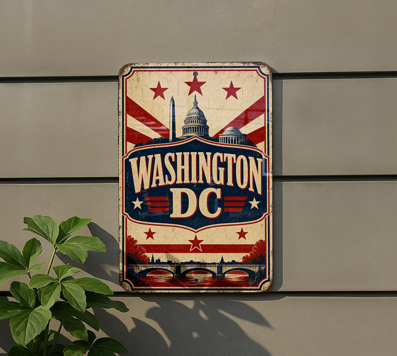 A vintage-style sign with the text "WASHINGTON DC" prominently displayed, featuring the iconic Washington Monument and other landmarks in the background.
