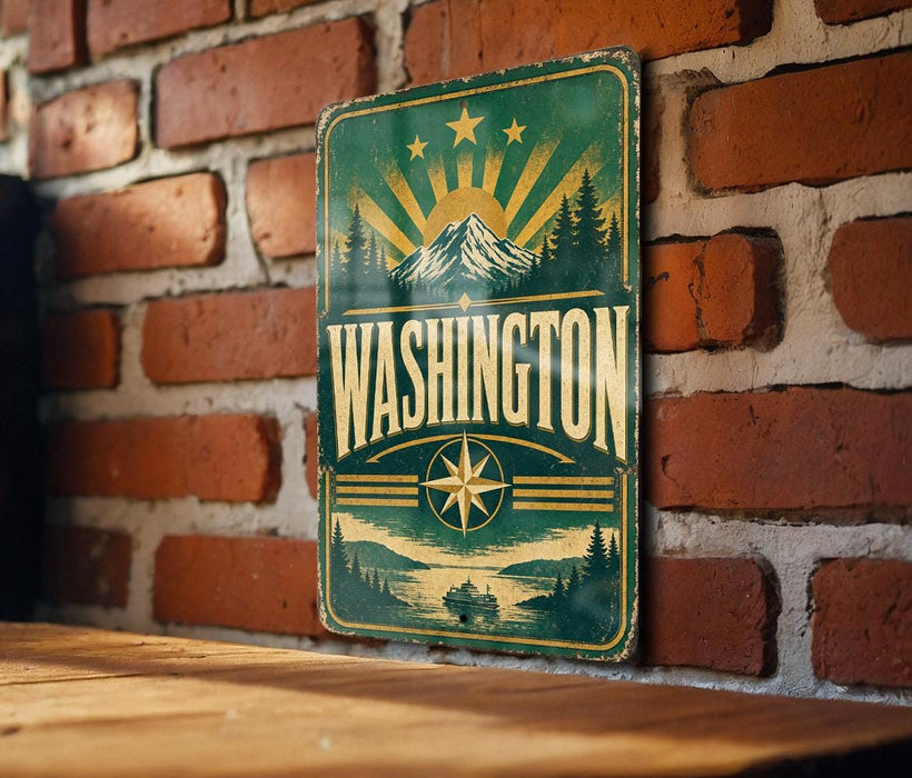 A vintage-style metal sign with the word "WASHINGTON" prominently displayed, featuring a mountain landscape and a sunburst design.