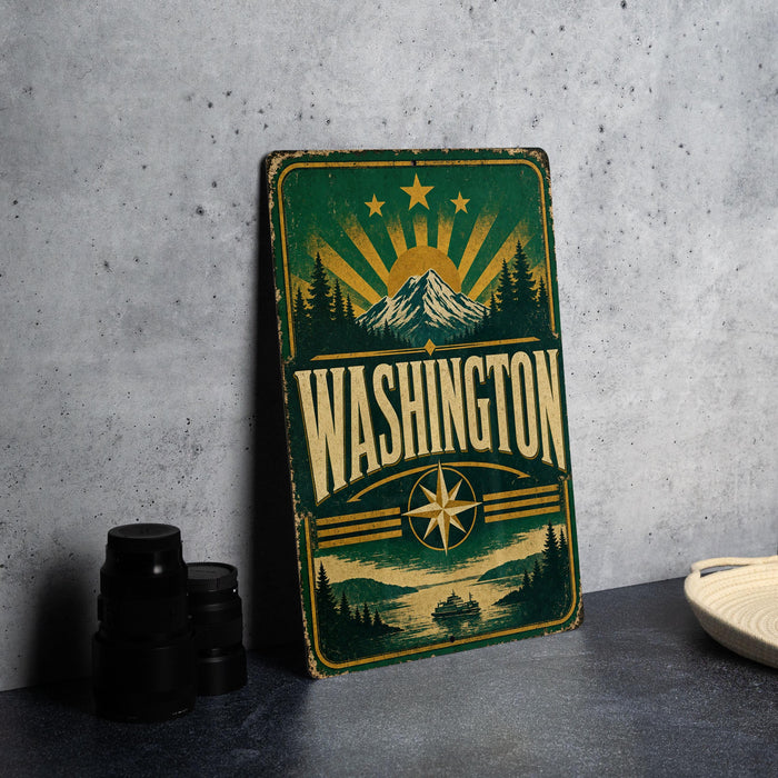 A vintage-style metal sign with the word "WASHINGTON" prominently displayed, featuring a mountain landscape and sunburst design.