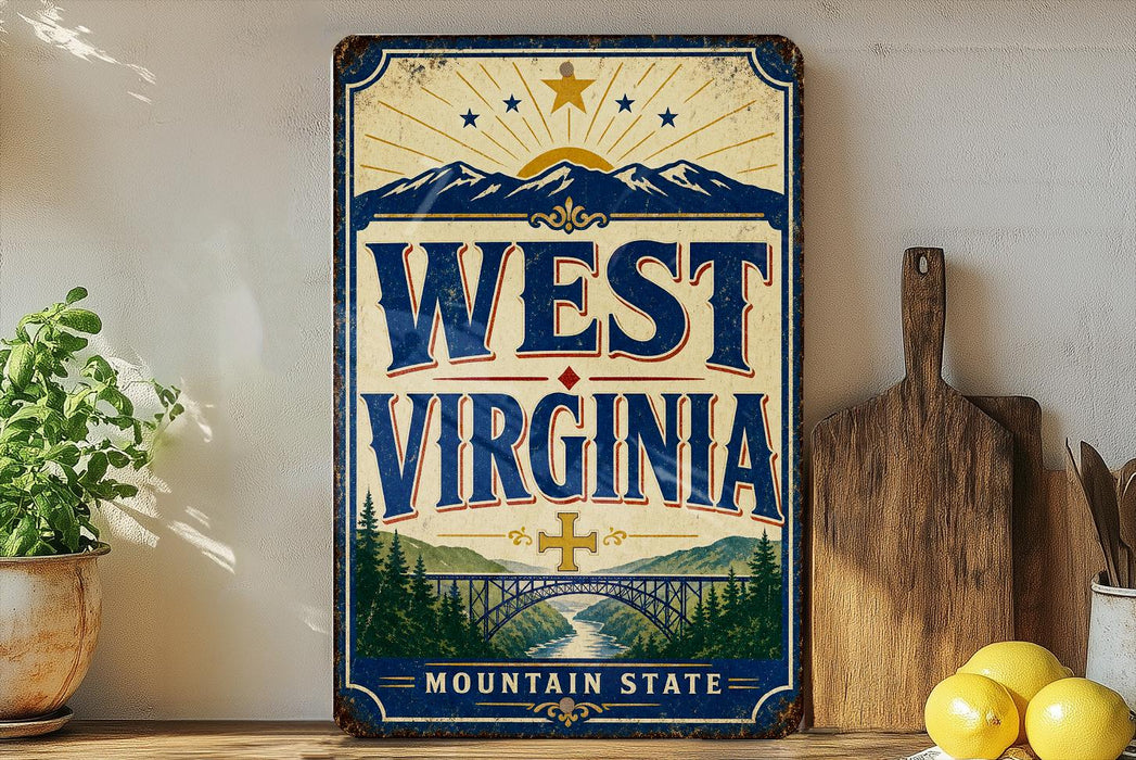 A vintage-style metal sign with the text "WEST VIRGINIA" and a scenic illustration of mountains, trees, and a bridge, displayed on a shelf next to a wooden cutting board and some potted plants.