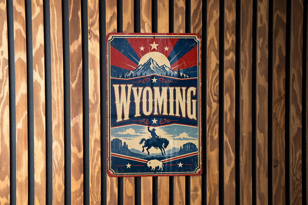 A vintage-style metal sign with the word "Wyoming" prominently displayed, featuring a cowboy silhouette and a mountain landscape.