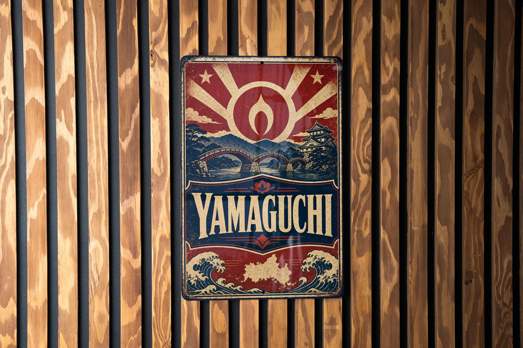 A vintage-style metal sign with the word "YAMAGUCHI" prominently displayed, featuring a red and white design with a sunburst pattern and Japanese-style architecture.