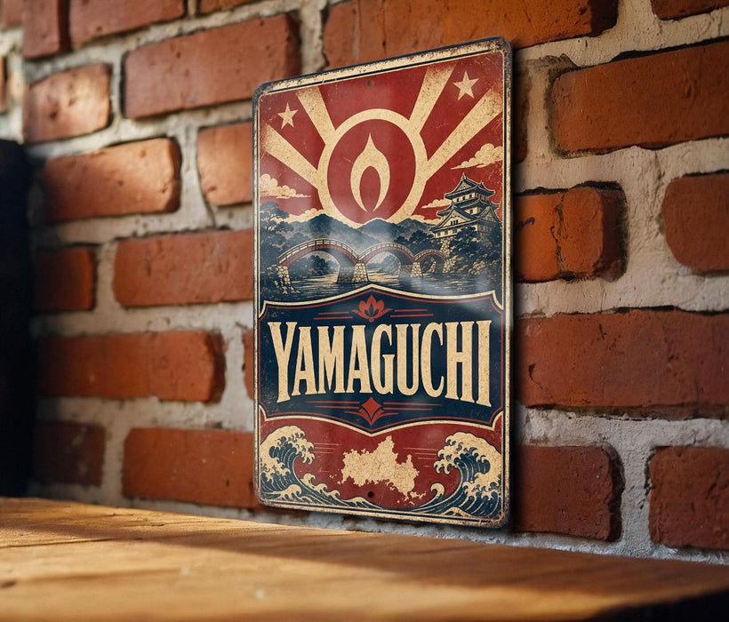 A vintage-style metal sign with a red and blue design hangs on a brick wall, featuring the word "YAMAGUCHI" prominently displayed.