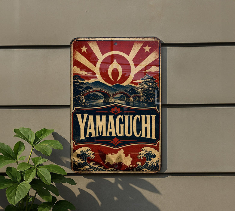 A vintage-style sign with a red and blue design, featuring a sunburst pattern and a Japanese-style illustration, mounted on a wall.