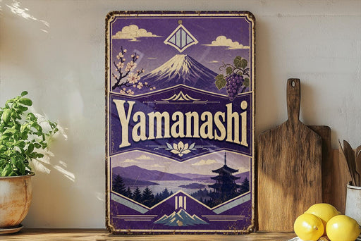 A vintage-style sign for Yamazaki, featuring a mountain landscape with cherry blossoms and a pagoda, is displayed on a shelf next to a wooden cutting board and some lemons.