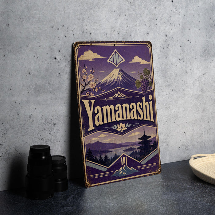 A vintage-style sign for Yamanashi, featuring a mountain landscape and cherry blossoms, is displayed on a table next to some black camera lenses.