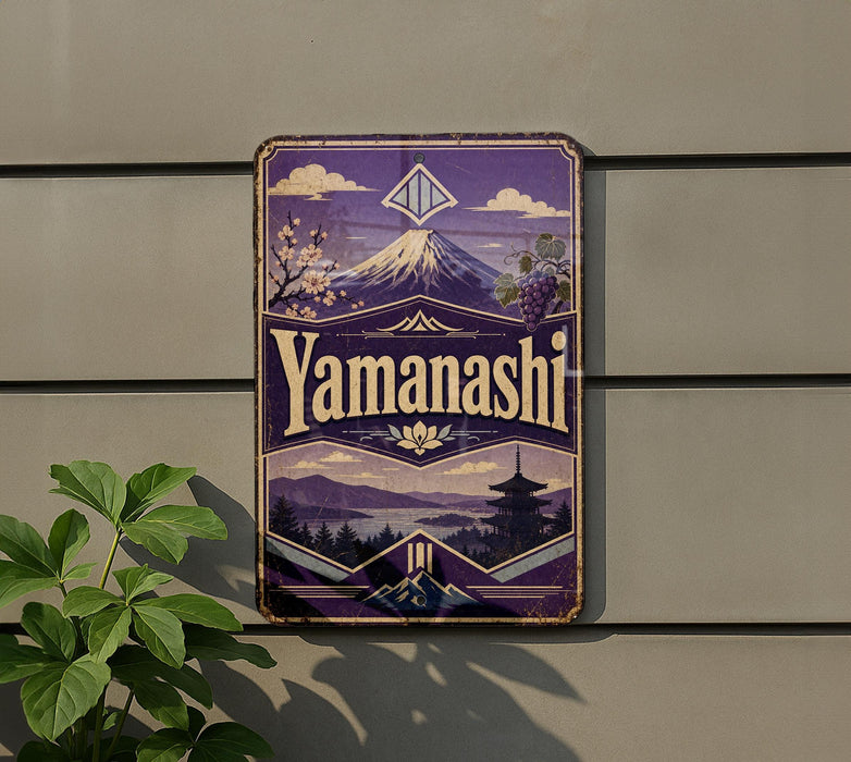A vintage-style sign with the word "Yamashishi" prominently displayed, featuring a mountain landscape and a pagoda in the background.