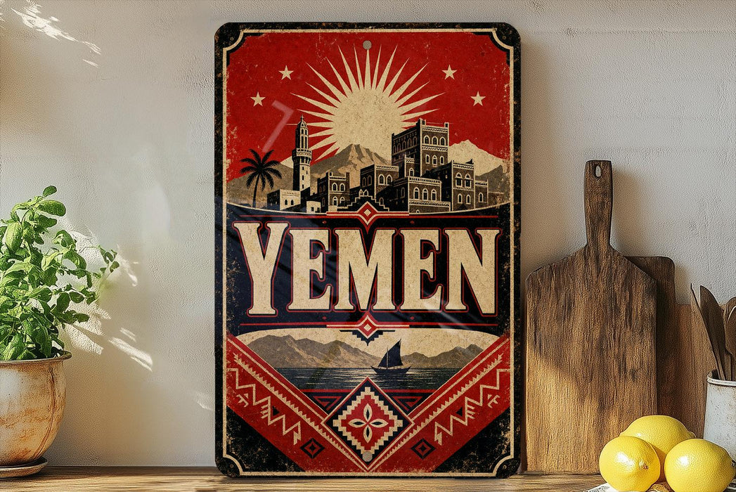 a vintage-style metal sign with the word "Yemen" prominently displayed, surrounded by a decorative border and a sunburst design. The sign is placed on a shelf next to a wooden cutting board and a potted plant, creating a homely and rustic atmosphere.