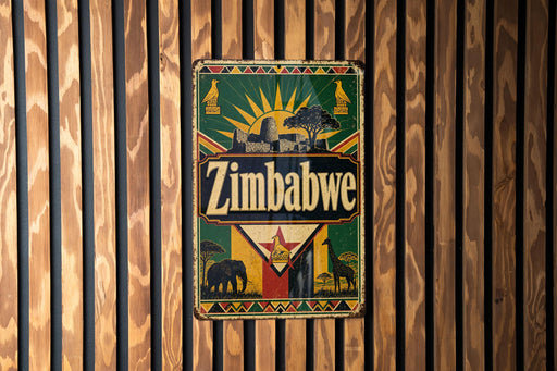 A vintage Zimbabwe-themed metal sign is displayed on a wooden wall.