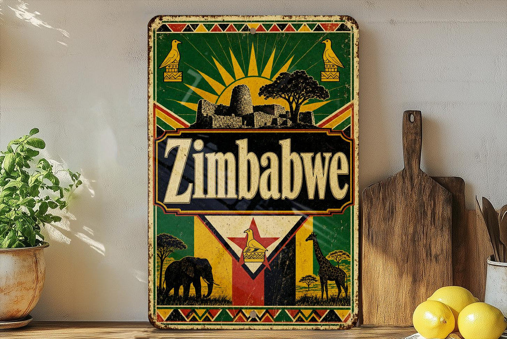 A vintage Zimbabwe-themed metal sign with a sun and landscape design, featuring the word "Zimbabwe" prominently displayed.
