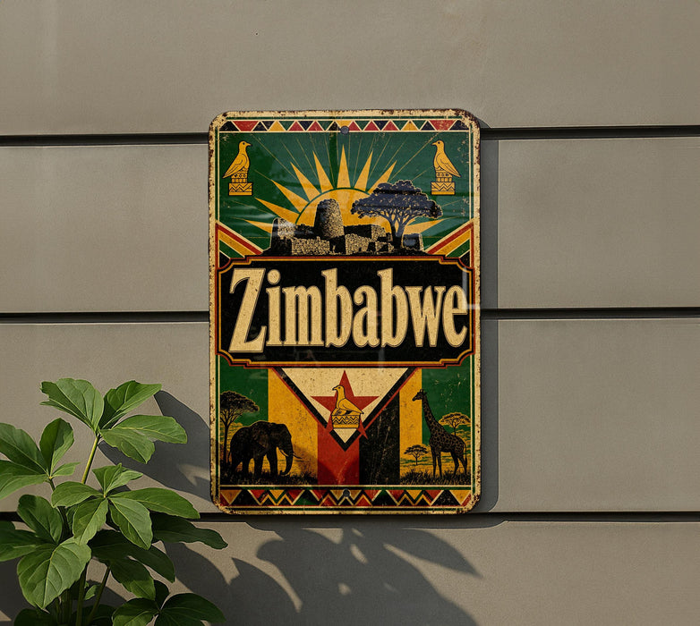 a vintage Zimbabwe sign with a colorful, decorative design.
