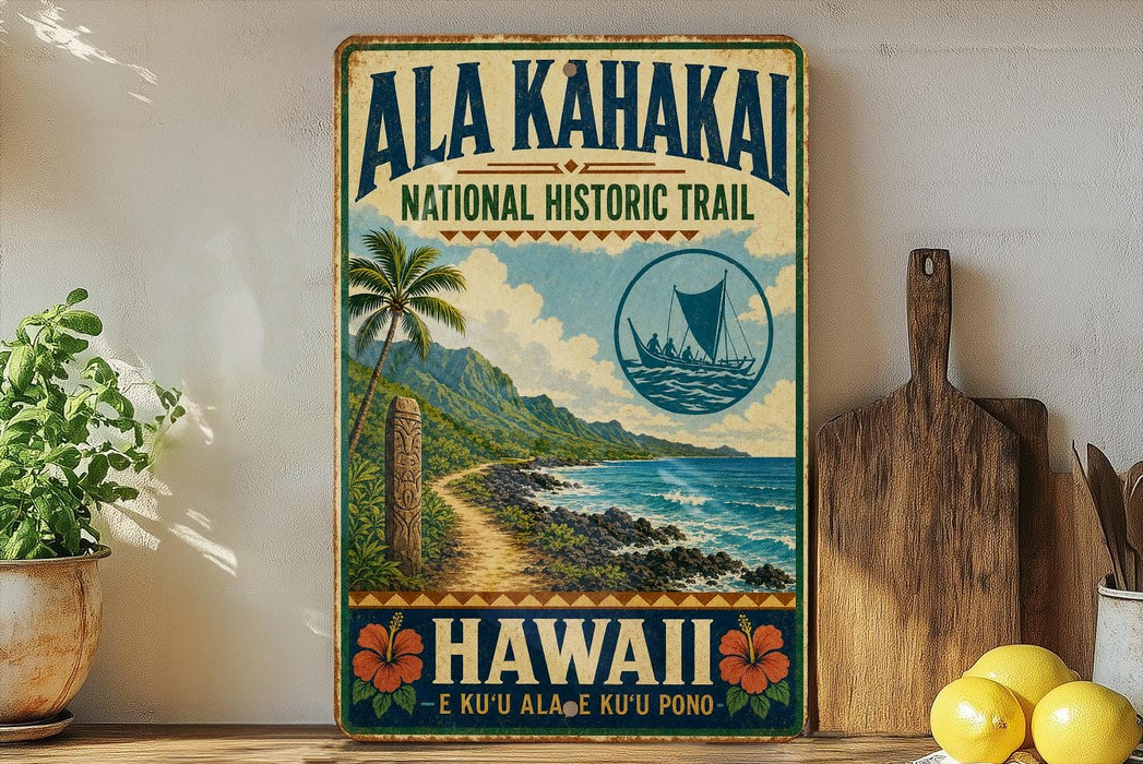A vintage-style sign for the Ala Kahaki National Historic Trail in Hawaii, featuring a tropical beach scene with palm trees, mountains, and a sailboat.