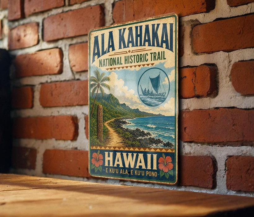 A vintage-style metal sign for the Ala Kahaki National Historic Trail in Hawaii, featuring a tropical beach scene with palm trees and a sailboat.