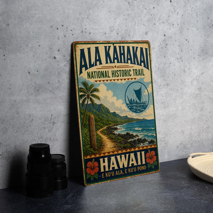 A vintage-style sign for the National Historic Trail in Hawaii, featuring a tropical landscape with palm trees, mountains, and a boat on the water.