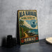 A vintage-style sign for the National Historic Trail in Hawaii, featuring a tropical landscape with palm trees, mountains, and a boat on the water.