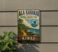 A vintage-style sign for the Ala Kahaki National Historic Trail in Hawaii, featuring a tropical beach scene with palm trees, a sailboat, and the text "Hawaii E KU U ALACE KU U PONO".