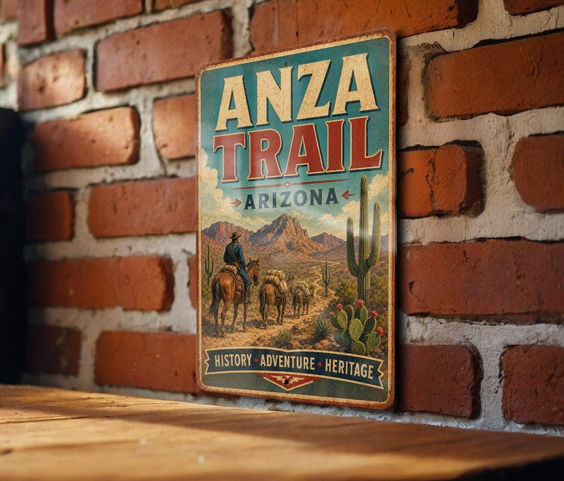 A vintage metal sign for the Anza Trail in Arizona, featuring a cowboy on horseback and desert scenery.