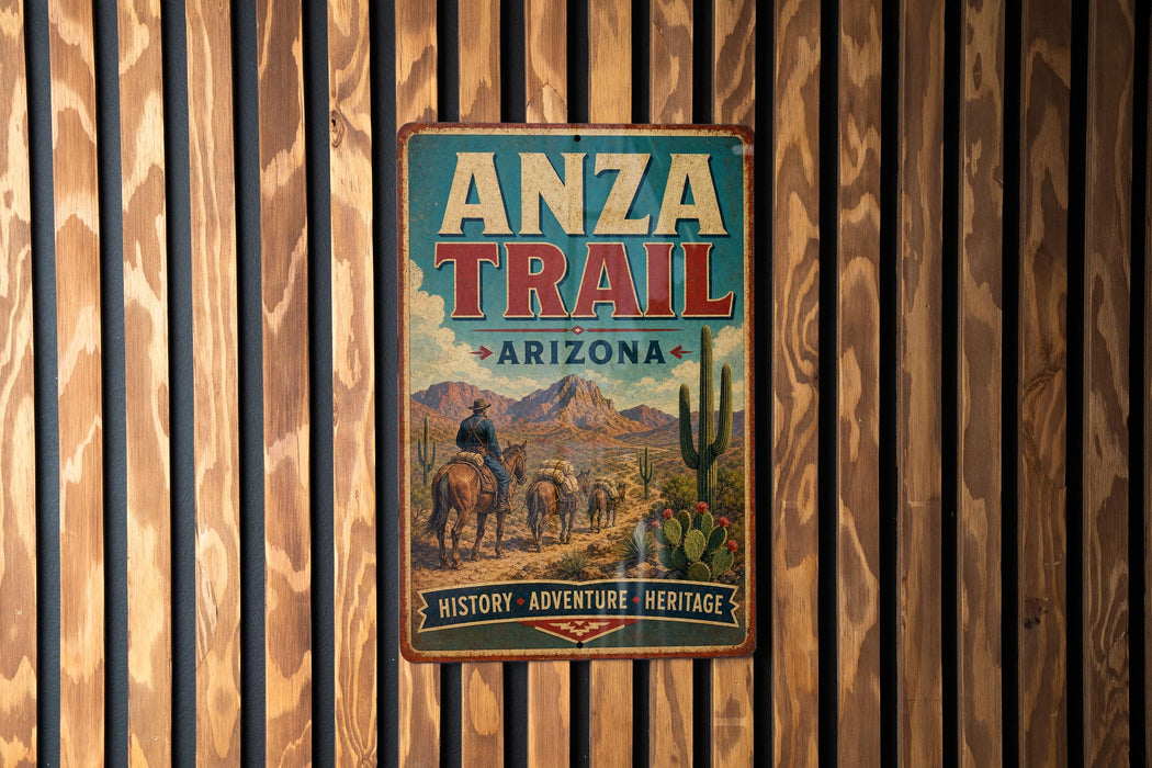 A vintage metal sign for the Anza Trail in Arizona, featuring a cowboy on horseback and a desert landscape.