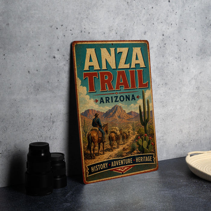 A vintage-style metal sign for the ANZA TRAIL in Arizona, featuring a cowboy on horseback and desert scenery.