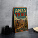 A vintage-style metal sign for the ANZA TRAIL in Arizona, featuring a cowboy on horseback and desert scenery.