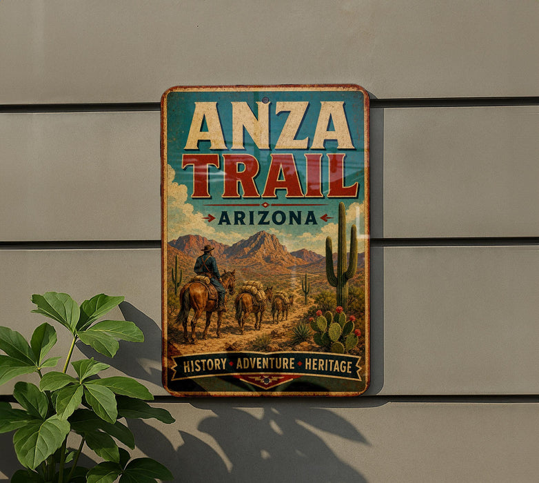 a vintage-style metal sign with a cowboy on horseback, advertising the Anza Trail in Arizona.