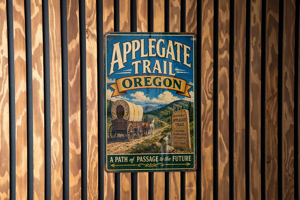 A vintage metal sign for the Applegate Trail in Oregon, featuring a wagon train and a scenic mountain landscape.