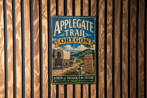 A vintage metal sign for the Applegate Trail in Oregon, featuring a wagon train and a scenic mountain landscape.
