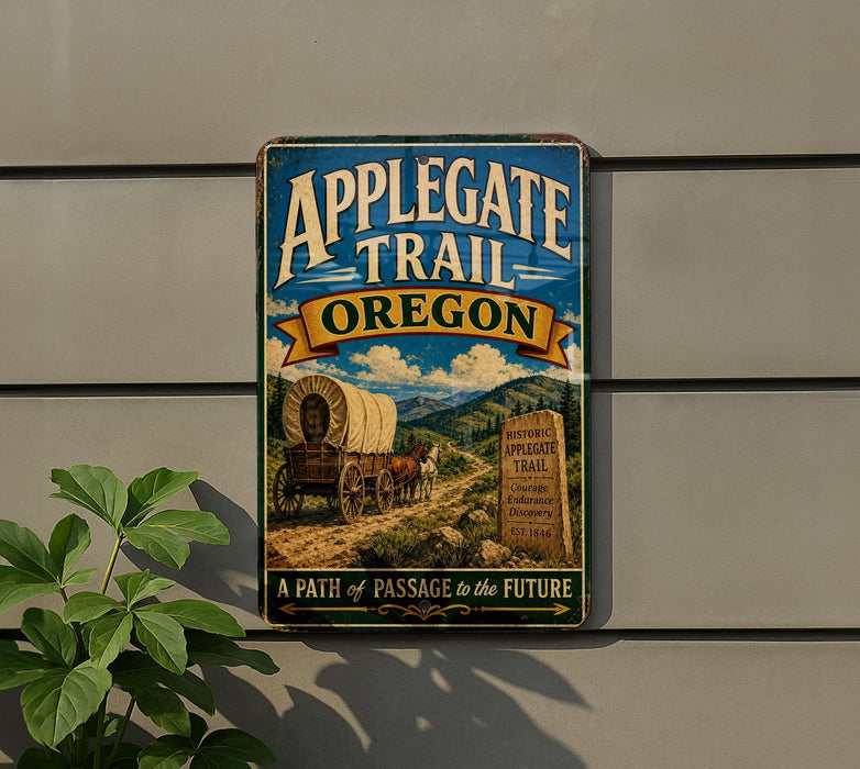 A vintage-style metal sign for the Applegate Trail in Oregon, featuring a wagon train and a scenic landscape.
