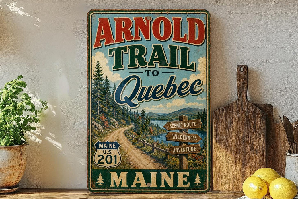 A vintage-style sign for the "Arnold Trail to Quebec" in Maine, featuring a scenic road sign and a mountain landscape.