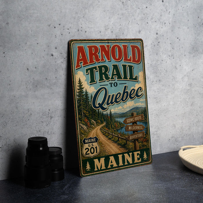 A vintage metal sign for the "Arnold Trail to Quebec" in Maine, featuring a scenic road and wilderness landscape.