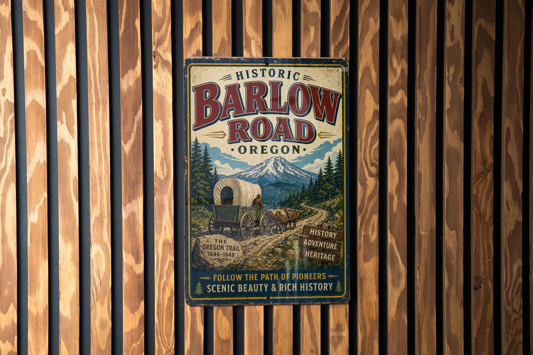 A vintage metal sign for the historic Barlow Road in Oregon, featuring an illustration of a wagon train on a scenic trail surrounded by mountains.