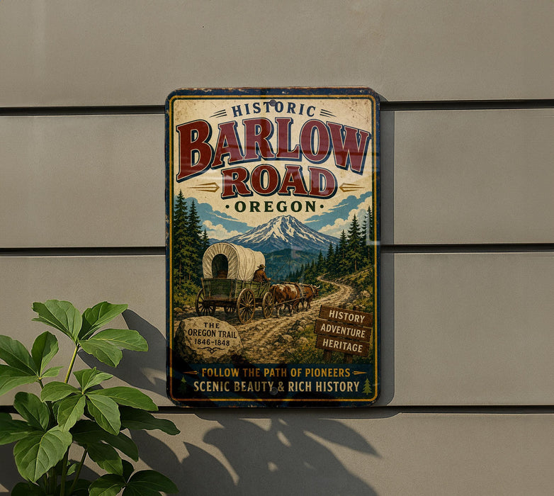 a vintage-style metal sign with a wagon on a trail, surrounded by a forest and mountains, advertising the historic Barlow Road in Oregon.