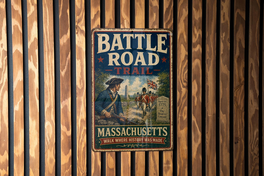 A vintage metal sign with the title "Battle Road Trail" and an illustration of a group of people on a road, mounted on a wooden wall.