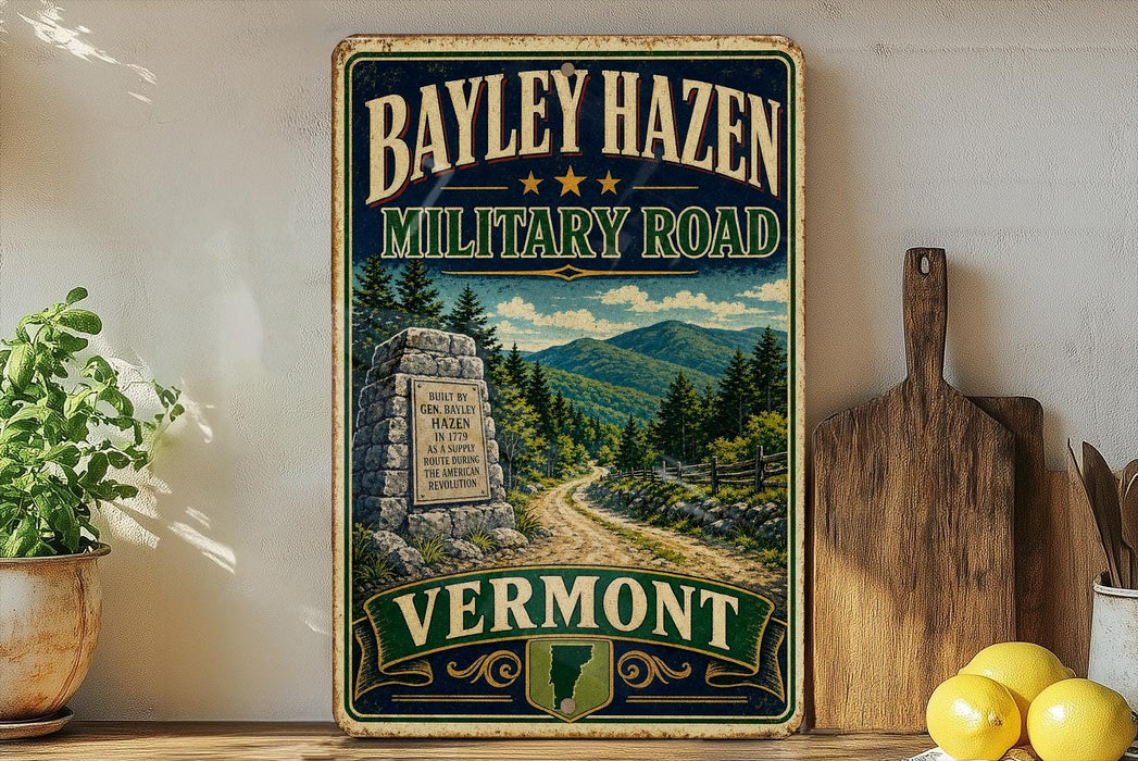 A vintage metal sign for the Bayley Hazen Military Road in Vermont, featuring a scenic mountain landscape and a road leading through the forest.