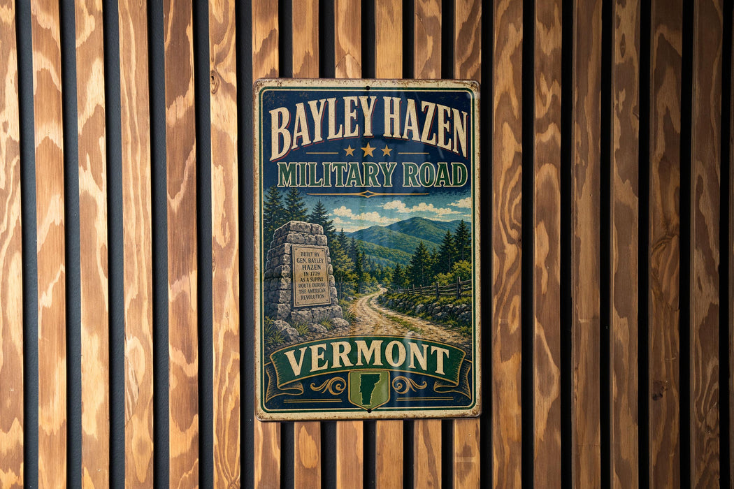 A vintage metal sign for the Bayley Hazen Military Road in Vermont, featuring a scenic mountain landscape and a road leading through the forest.