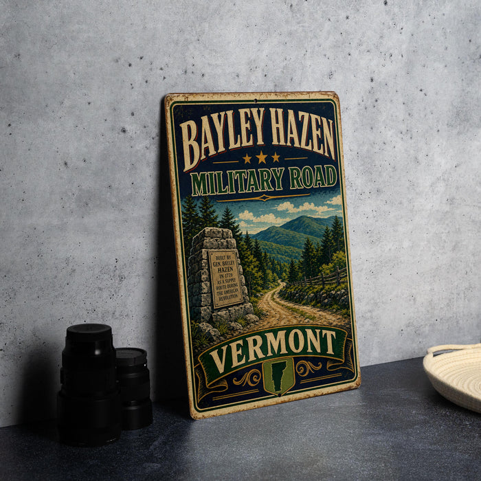 A vintage metal sign for the Bayley Hazen Military Road in Vermont, featuring a scenic mountain landscape and a monument.