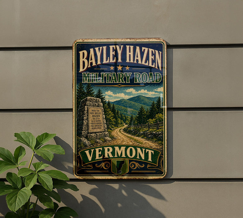 A vintage metal sign for Bayley Hazen Military Road in Vermont, featuring a scenic mountain landscape and a road leading through the forest.