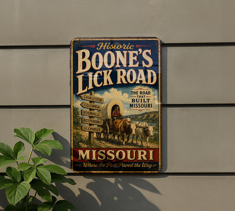 A vintage metal sign on a wall, featuring a wagon traveling down a road with a signpost listing various locations.