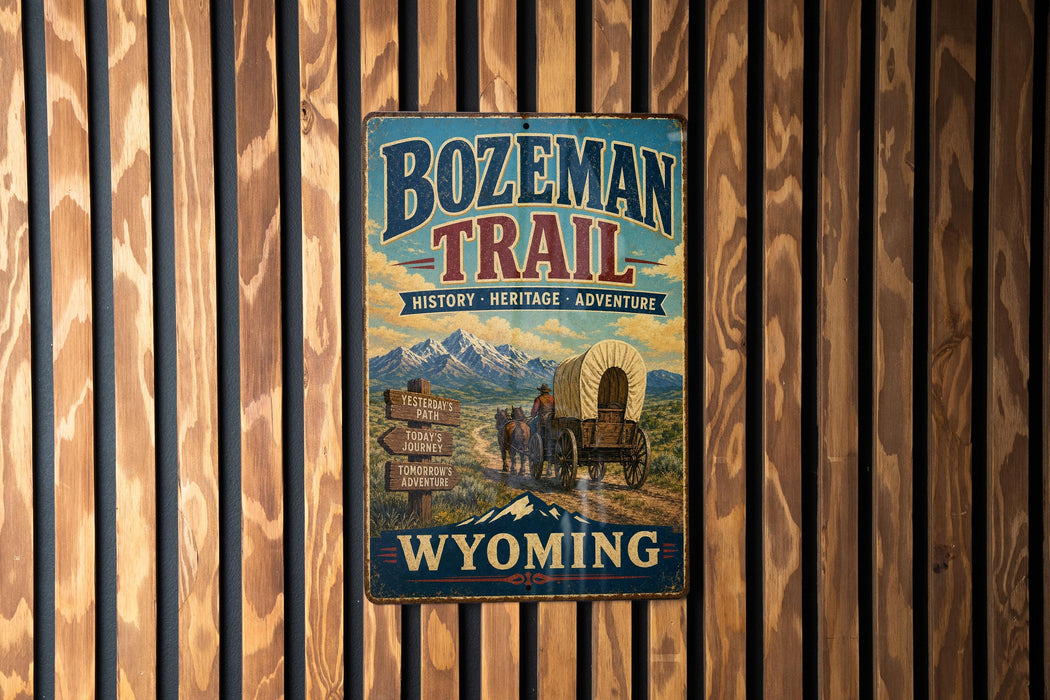 A vintage metal sign for Bozeman Trail, featuring a wagon train and mountains in the background, is displayed on a wooden wall.