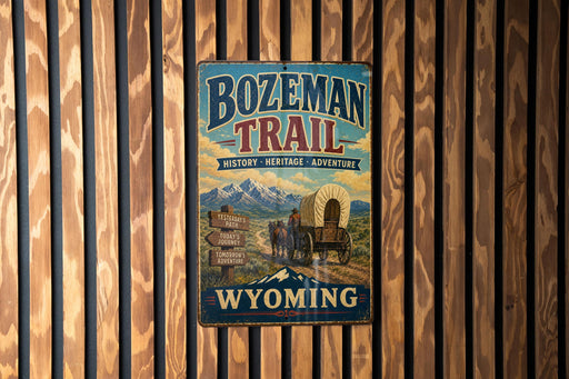 A vintage metal sign for Bozeman Trail, featuring a wagon train and mountains in the background, is displayed on a wooden wall.