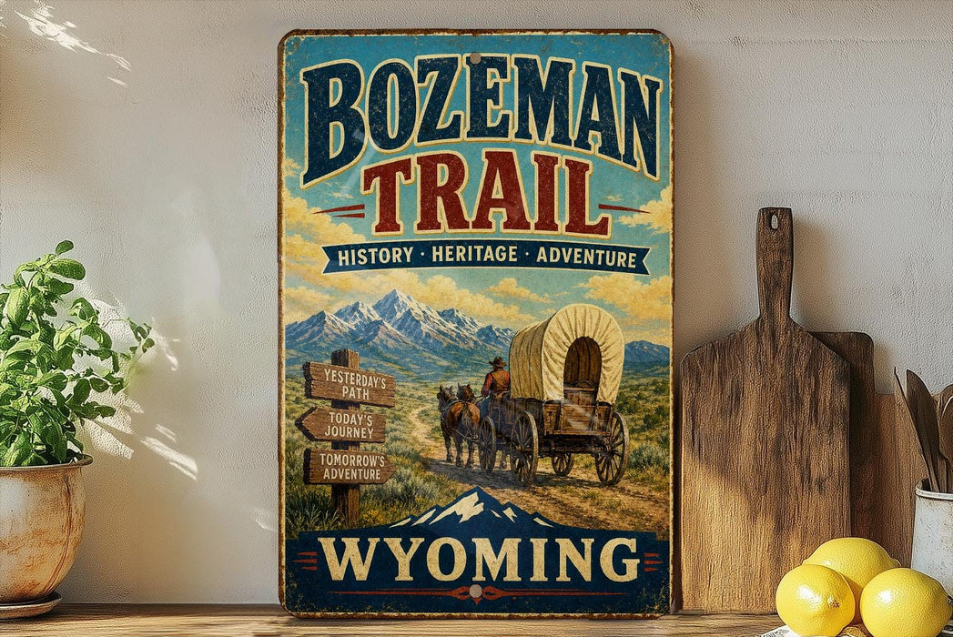 a vintage-style sign for Bozeman Trail, which is a historic trail in Wyoming. The sign has a picture of a covered wagon and mountains in the background, along with directional signs pointing to various locations. The sign is displayed on a shelf next to a wooden cutting board and some lemons.