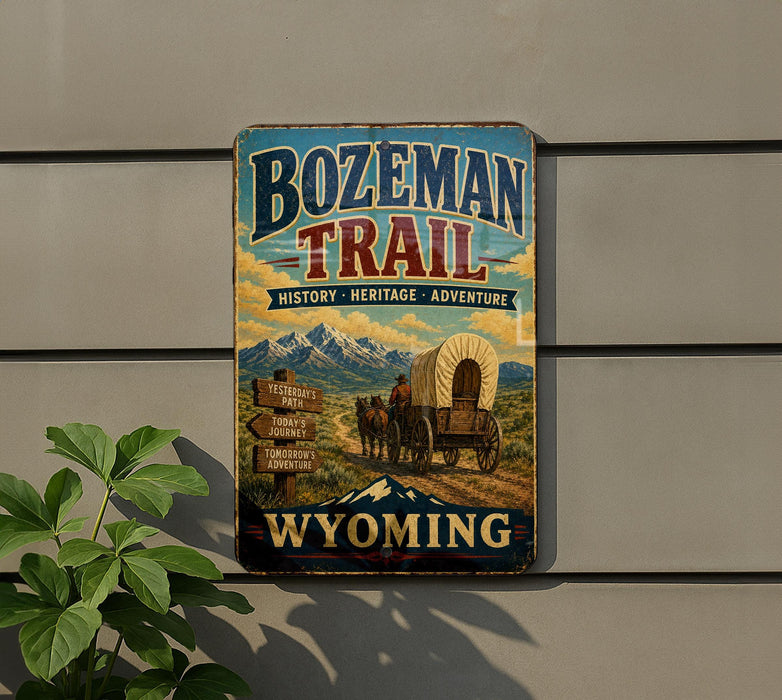 A vintage-style metal sign for Bozeman Trail, featuring a wagon train and mountains in the background, mounted on a wall next to a plant.