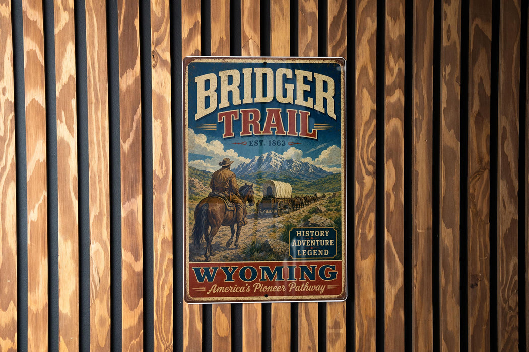 A vintage metal sign for the Bridger Trail in Wyoming, featuring a cowboy on horseback and the trail's name.