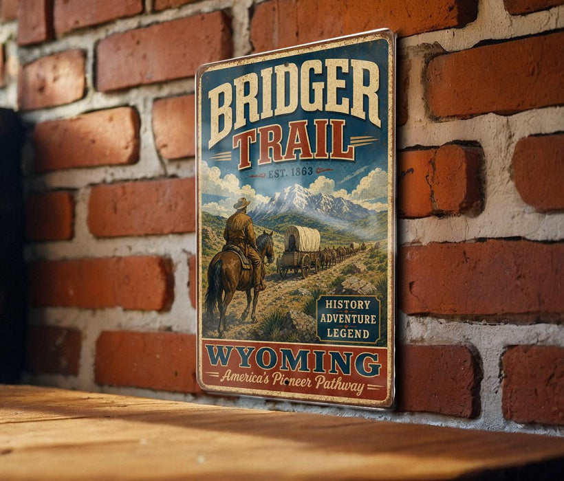 A vintage-style metal sign for the Bridger Trail in Wyoming, featuring a cowboy on horseback and a scenic mountain landscape.