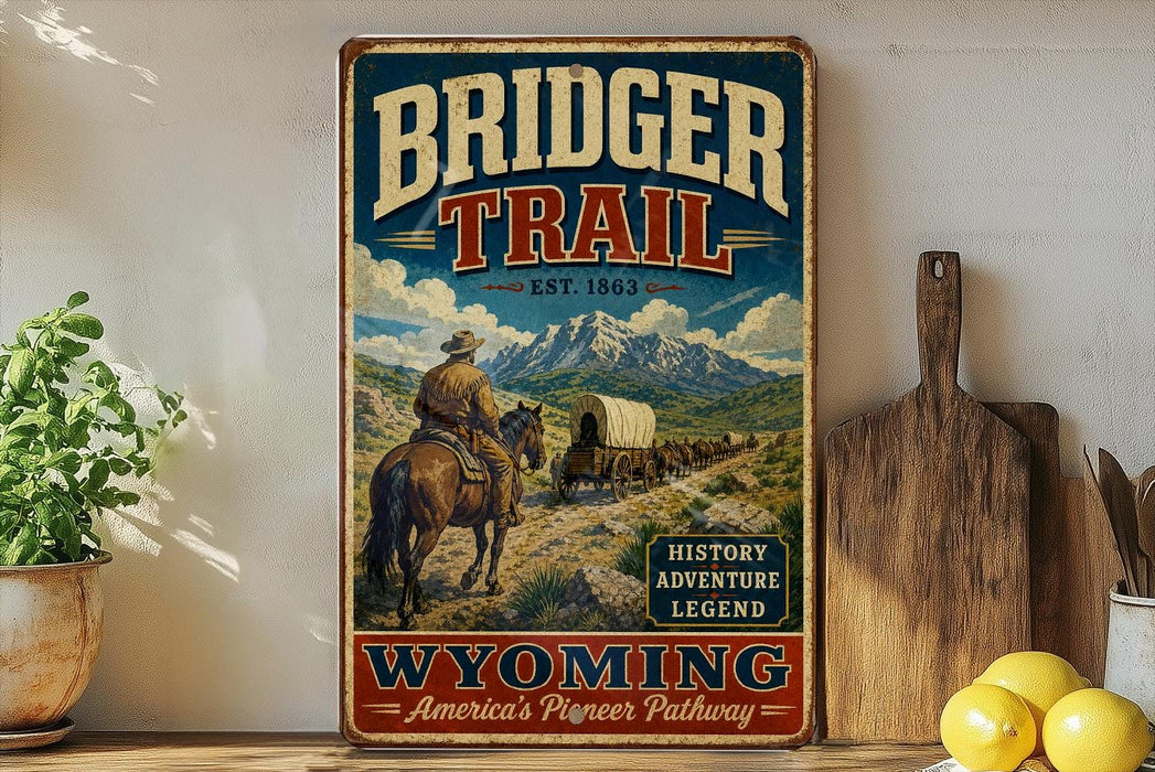 A vintage-style metal sign for the Bridger Trail in Wyoming, featuring a cowboy on horseback and a wagon, with the text "Bridger Trail" and "Est. 1863" prominently displayed.