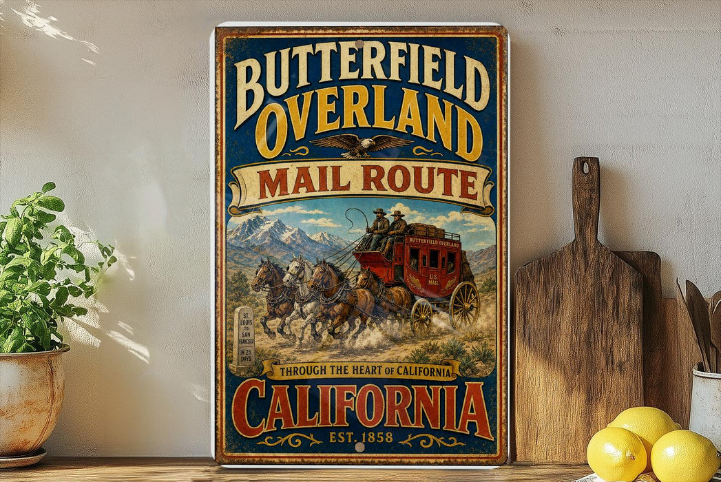 A vintage-style poster advertising the "Butterfield Overland Mail Route" in California, featuring a stagecoach traveling through the state.